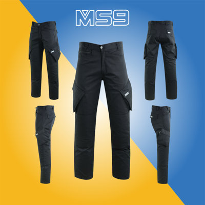 MS9 Mens Cargo Combat Work Trousers Pants Jeans with Knee Pockets T2, Black - 30W/30L