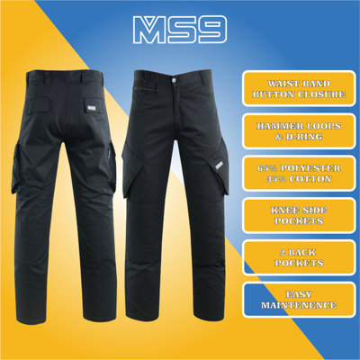 MS9 Mens Cargo Combat Work Trousers Pants Jeans with Knee Pockets T2, Black - 30W/30L