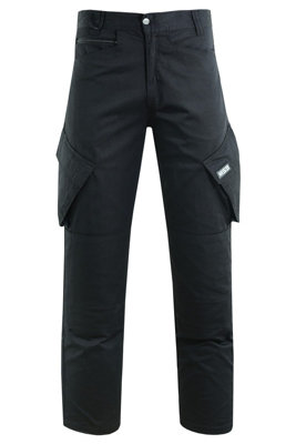 MS9 Mens Cargo Combat Work Trousers Pants Jeans with Knee Pockets T2, Black - 30W/30L