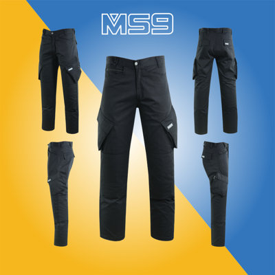 MS9 Mens Cargo Combat Work Trousers Pants Jeans with Knee Pockets T2, Black - 36W/34L