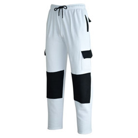 MS9 Mens Cargo Painter Decoration Fleece Trouser Work Tracksuit Jogging Bottoms Pants H20, White - L