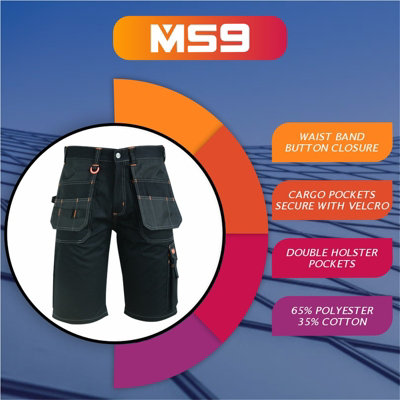 MS9 Mens Cargo Redhawk Holster Pockets Painter Tactical Work Working Shorts T5, Black - 36W