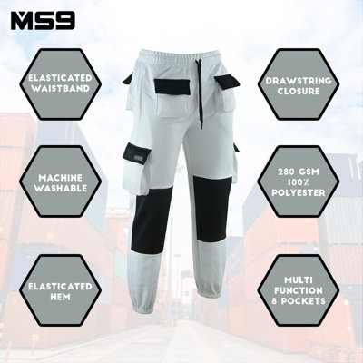 MS9 Mens Fleece Painters Decorators Combat Cargo Work Trousers Pants Joggers H1 White - M