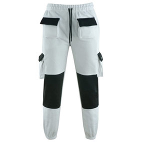 MS9 Mens Fleece Painters Decorators Combat Cargo Work Trousers Pants Joggers H1 White - XXL
