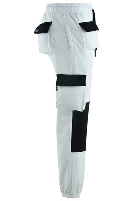MS9 Men's Painters Fleece Cargo Work Trousers - Drawstring Joggers, Polyester Fleece, White & Black, Sizes 26-34 13 thumbnail image