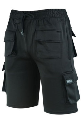 MS9 Mens Fleece Shorts Cargo Pockets Tracksuit Jogging Work Utility Shorts H5 - Black, Large