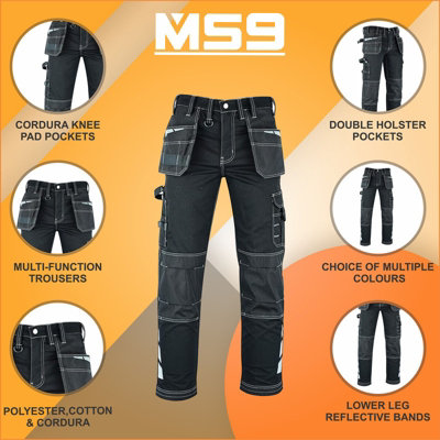 MS9 Mens Hi Viz Cargo Combat Holster Pockets Tactical Working Work Trouser Trousers Pants E1, Black - 36W/32L