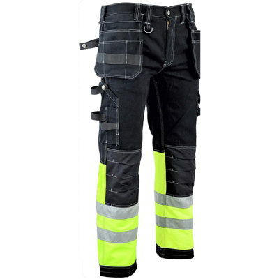 MS9 Mens Hi Viz Cargo Combat Holster Pockets Tactical Working Work Trouser Trousers Pants Jeans, Black/Green - 30W/32L