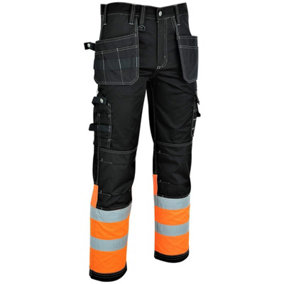 MS9 Mens Hi Viz Cargo Combat Holster Pockets Tactical Working Work Trouser Trousers Pants Jeans, Black/Orange - 30W/32L