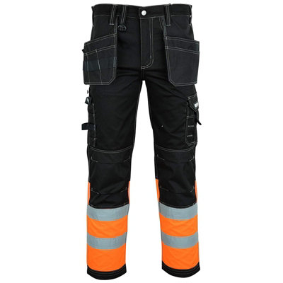 MS9 Mens Hi Viz Cargo Combat Holster Pockets Tactical Working Work Trouser Trousers Pants Jeans, Black/Orange - 32W/32L