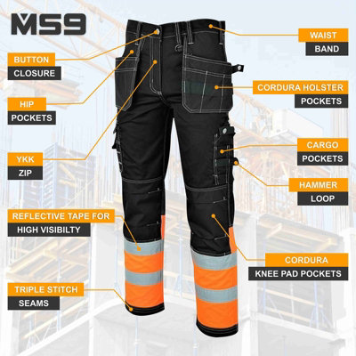 MS9 Mens Hi Viz Cargo Combat Holster Pockets Tactical Working Work Trouser Trousers Pants Jeans, Black/Orange - 32W/34L