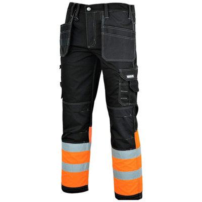MS9 Mens Hi Viz Cargo Combat Holster Pockets Tactical Working Work Trouser Trousers Pants Jeans, Black/Orange - 34W/30L