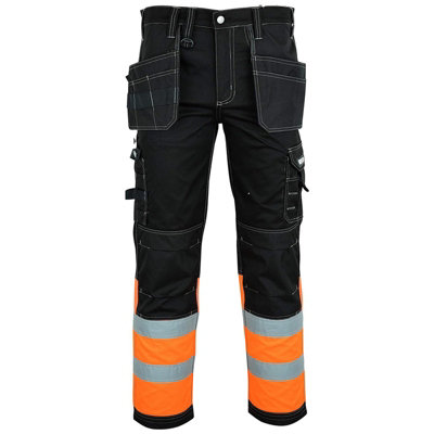MS9 Mens Hi Viz Cargo Combat Holster Pockets Tactical Working Work Trouser Trousers Pants Jeans, Black/Orange - 34W/30L