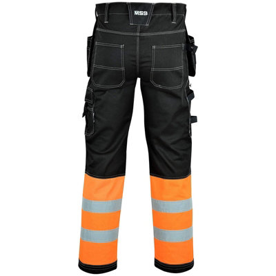 MS9 Mens Hi Viz Cargo Combat Holster Pockets Tactical Working Work Trouser Trousers Pants Jeans, Black/Orange - 34W/30L