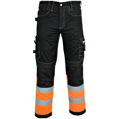 MS9 Mens Hi Viz Cargo Combat Holster Pockets Tactical Working Work Trouser Trousers Pants Jeans, Black/Orange - 34W/30L