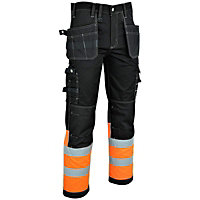 MS9 Mens Hi Viz Cargo Combat Holster Pockets Tactical Working Work Trouser Trousers Pants Jeans, Black/Orange - 38W/34L