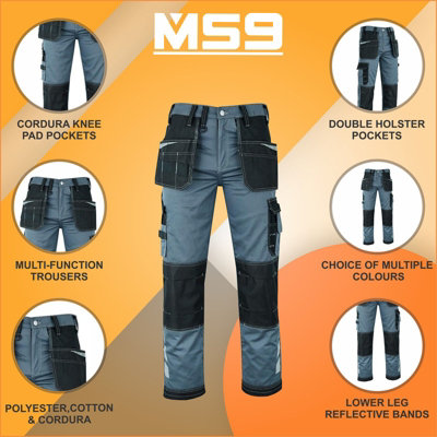 MS9 Mens Hi Viz Cargo Combat Holster Pockets Tactical Working Work Trouser Trousers Pants Jeans E1, Grey - 36W/32L