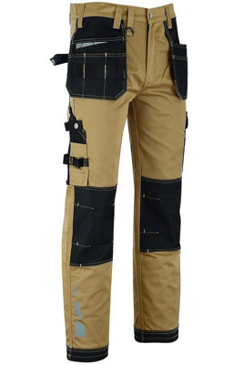 MS9 Mens Hi Viz Cargo Combat Holster Pockets Tactical Working Work Trouser Trousers Pants Jeans E1, Khaki - 38W/30L