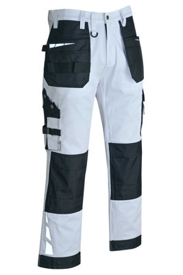 MS9 Mens Hi Viz Cargo Combat Holster Pockets Tactical Working Work Trouser Trousers Pants Jeans E1, White - 36W/30L