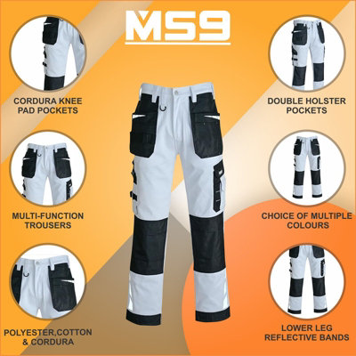 MS9 Mens Hi Viz Cargo Combat Holster Pockets Tactical Working Work Trouser Trousers Pants Jeans E1, White - 42W/34L