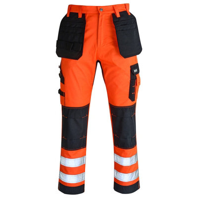 MS9 Mens Hi Viz Cargo Combat Holster Pockets Tactical Working Work Trouser Trousers Pants Jeans, Orange - 30W/32L