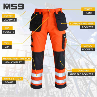 MS9 Mens Hi Viz Cargo Combat Holster Pockets Tactical Working Work Trouser Trousers Pants Jeans, Orange - 38W/32L