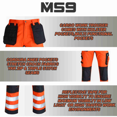 MS9 Mens Hi Viz Cargo Combat Holster Pockets Tactical Working Work Trouser Trousers Pants Jeans, Orange - 38W/32L