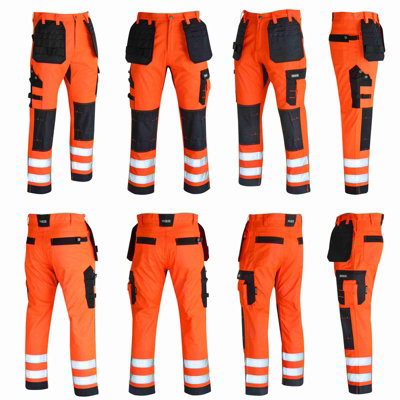 MS9 Mens Hi Viz Cargo Combat Holster Pockets Tactical Working Work Trouser Trousers Pants Jeans, Orange - 38W/32L
