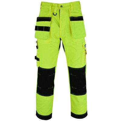 MS9 Mens Hi Viz Vis Cargo Working Work Trouser Trousers Pants Jeans, Yellow - 32W/34L