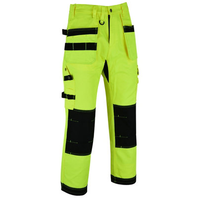 MS9 Mens Hi Viz Vis Cargo Working Work Trouser Trousers Pants Jeans, Yellow - 32W/34L