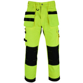 MS9 Mens Hi Viz Vis Cargo Working Work Trouser Trousers Pants Jeans, Yellow - 36W/34L