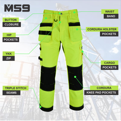MS9 Mens Hi Viz Vis Cargo Working Work Trouser Trousers Pants Jeans, Yellow - 40W/32L