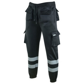 MS9 Mens Hi Viz Vis High Visibility Fleece Cargo Work Trousers Joggers H1 Black, XL
