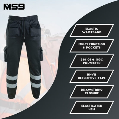 MS9 Mens Hi Viz Vis High Visibility Fleece Cargo Work Trousers Joggers H1 Black, XL