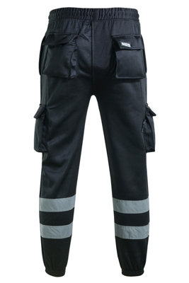 MS9 Mens Hi Viz Vis High Visibility Fleece Cargo Work Trousers Joggers H1 Black, XL