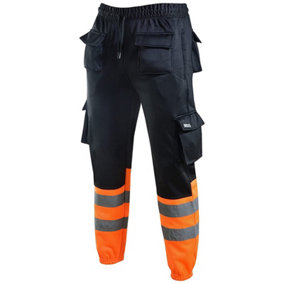 MS9 Mens Hi Viz Vis High Visibility Fleece Cargo Work Trousers Joggers Pants, Black and Orange - L