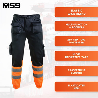 MS9 Mens Hi Viz Vis High Visibility Fleece Cargo Work Trousers Joggers Pants, Black and Orange - M