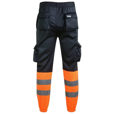 MS9 Mens Hi Viz Vis High Visibility Fleece Cargo Work Trousers Joggers Pants, Black and Orange - M