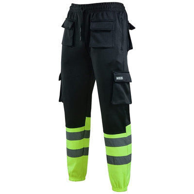 MS9 Mens Hi Viz Vis High Visibility Fleece Cargo Work Trousers Joggers Pants, Black and Yellow - L