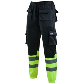 MS9 Mens Hi Viz Vis High Visibility Fleece Cargo Work Trousers Joggers Pants, Black and Yellow - M