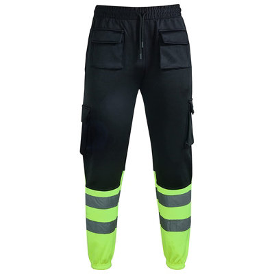 MS9 Mens Hi Viz Vis High Visibility Fleece Cargo Work Trousers Joggers Pants, Black and Yellow - S