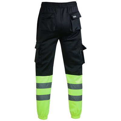 MS9 Mens Hi Viz Vis High Visibility Fleece Cargo Work Trousers Joggers Pants, Black and Yellow - XL