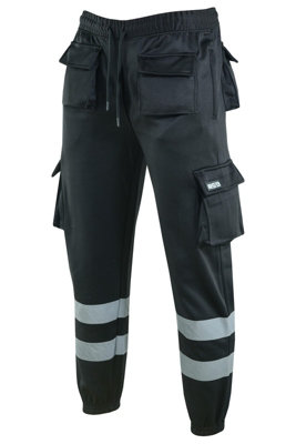 MS9 Mens Hi Viz Vis High Visibility Fleece Cargo Work Trousers Pants Joggers H1 Black - L