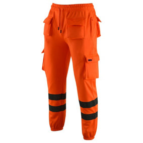 MS9 Mens Hi Viz Vis High Visibility Fleece Cargo Work Trousers Pants Joggers H1 Orange - L