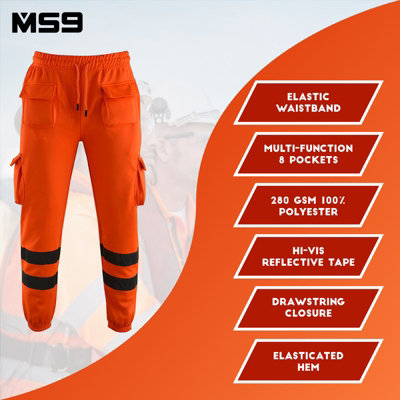 MS9 Mens Hi Viz Vis High Visibility Fleece Cargo Work Trousers Pants Joggers H1 Orange - M