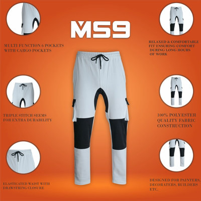 MS9 Mens Painters Fleece Decorators Combat Cargo Work Trousers Pants Joggers H10, White - XL