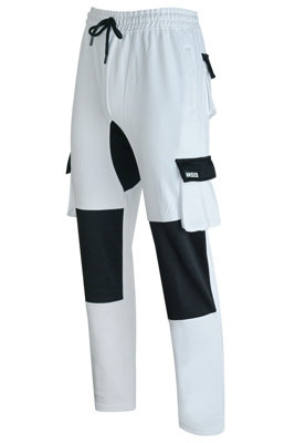 MS9 Mens Painters Fleece Decorators Combat Cargo Work Trousers Pants Joggers H10, White - XL