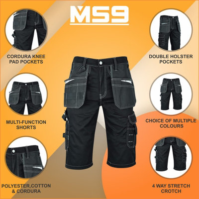 MS9 Mens Work Redhawk Cargo Combat Holster Pockets Tactical Worker Working Shorts E1, Black - 32W