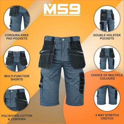 MS9 Mens Work Redhawk Cargo Combat Holster Pockets Tactical Worker Working Shorts E1, Grey - 38W