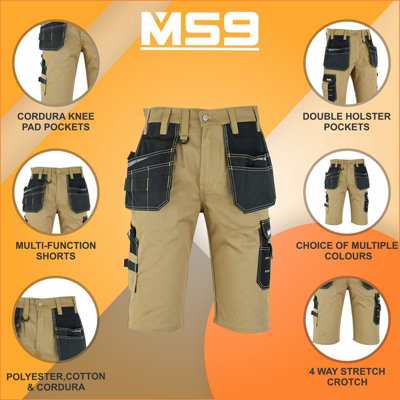 MS9 Mens Work Redhawk Cargo Combat Holster Pockets Tactical Worker Working Shorts E1, Khaki - 40W